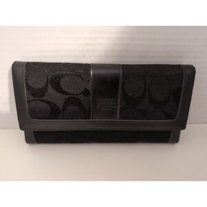 Vintage Coach Black Canvas Leather Trifold Wallet Removable Checkbook Signature